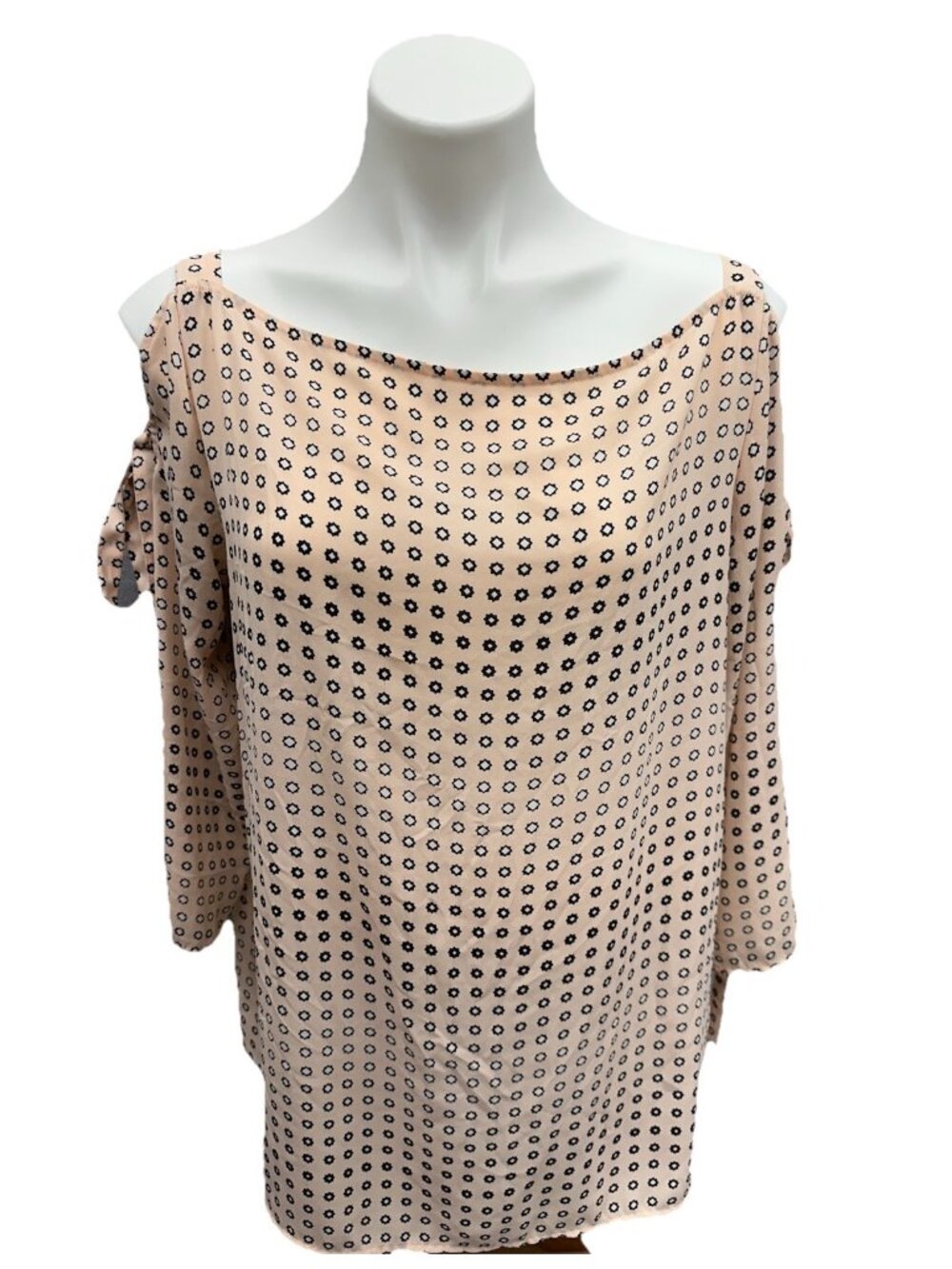 Loft Tunic Size L Geometric Print Peach 3/4 Sleeve Cold Shoulder Bow Top Boho